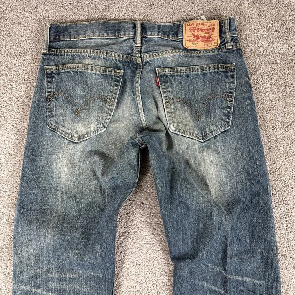 Levis 505 Jeans Mens 32x30 Faded Whiskered Denim Straight Leg Y2K Honeycomb Work